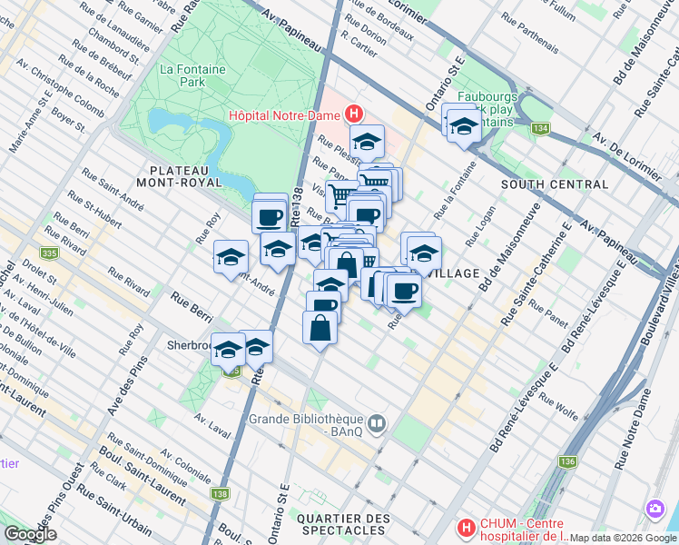 map of restaurants, bars, coffee shops, grocery stores, and more near 2033 Rue Atateken in Montréal