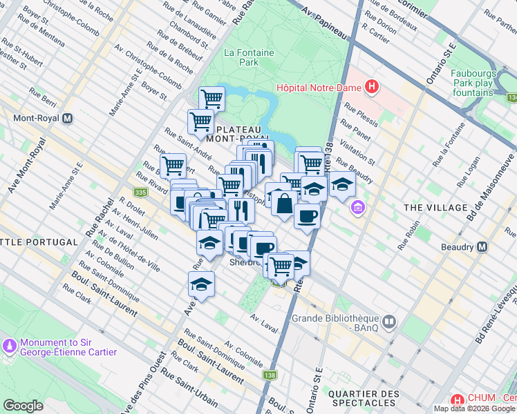 map of restaurants, bars, coffee shops, grocery stores, and more near 3711 Rue Saint-Hubert in Montréal