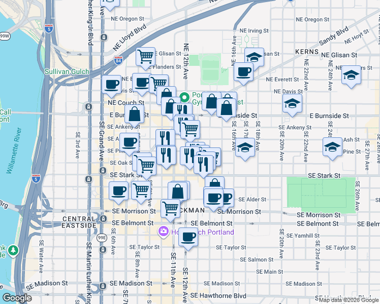 map of restaurants, bars, coffee shops, grocery stores, and more near 310 Southeast 12th Avenue in Portland
