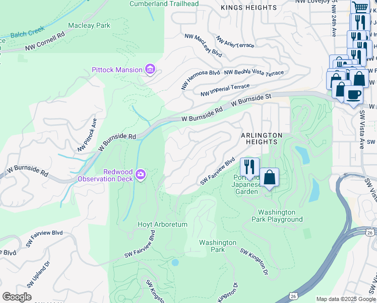 map of restaurants, bars, coffee shops, grocery stores, and more near 3045 Southwest Fairview Boulevard in Portland