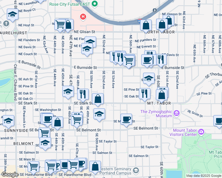 map of restaurants, bars, coffee shops, grocery stores, and more near 304 Southeast 53rd Avenue in Portland