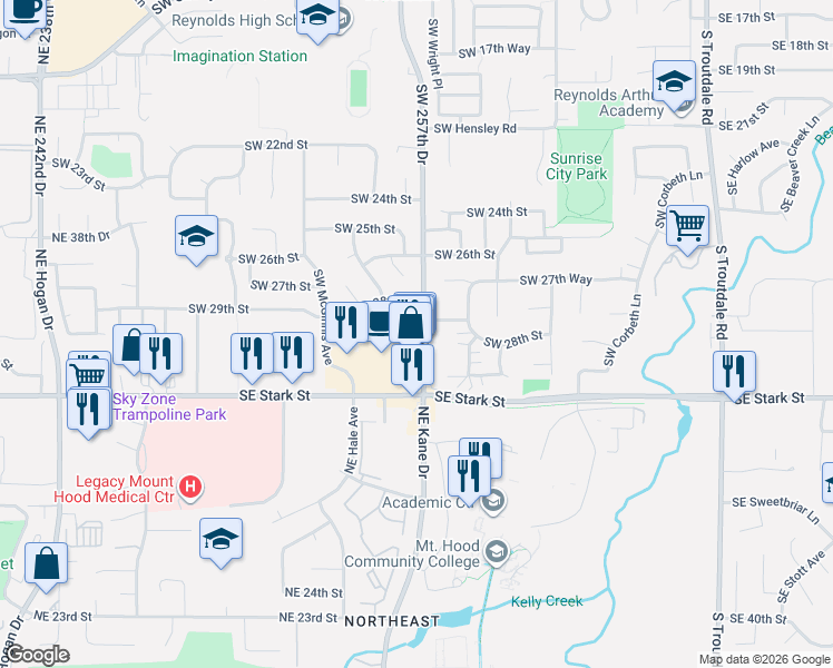 map of restaurants, bars, coffee shops, grocery stores, and more near 2846 Southwest Faith Court in Troutdale