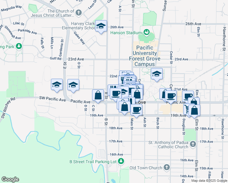 map of restaurants, bars, coffee shops, grocery stores, and more near 2040 A Street in Forest Grove
