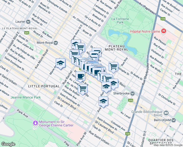 map of restaurants, bars, coffee shops, grocery stores, and more near 4017 Québec 335 in Montréal