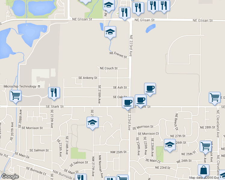map of restaurants, bars, coffee shops, grocery stores, and more near 21932 Southeast Ash Street in Gresham