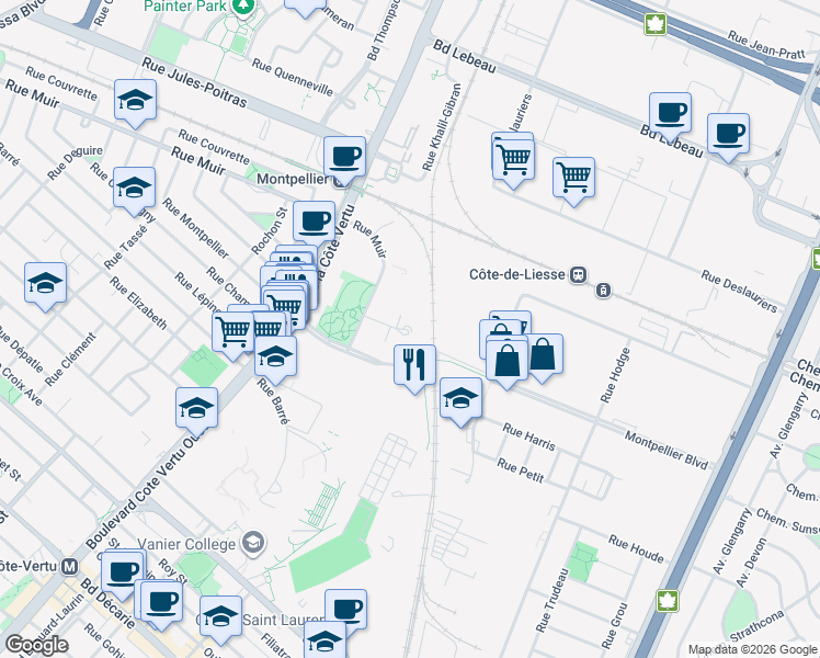 map of restaurants, bars, coffee shops, grocery stores, and more near 725 Place Fortier in Montreal