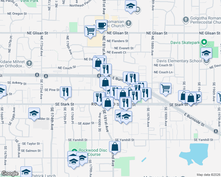 map of restaurants, bars, coffee shops, grocery stores, and more near 18149 Southeast Pine Street in Portland