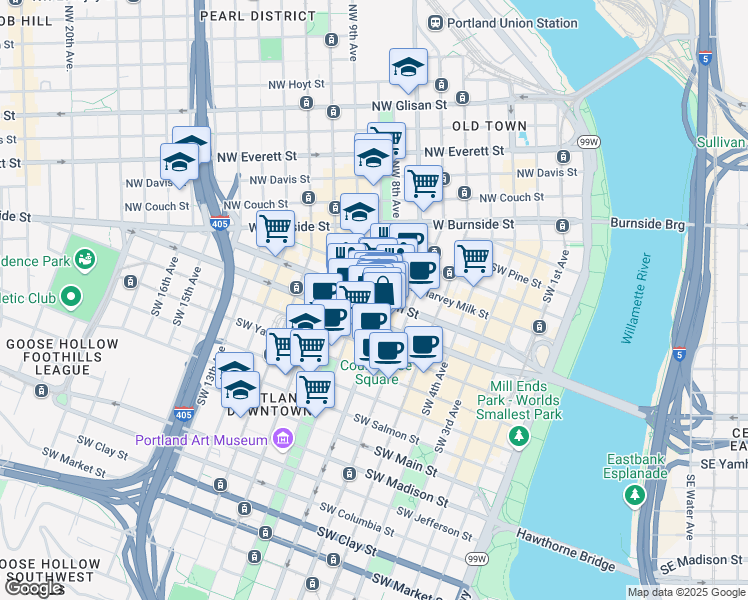map of restaurants, bars, coffee shops, grocery stores, and more near 720 Southwest Washington Street in Portland