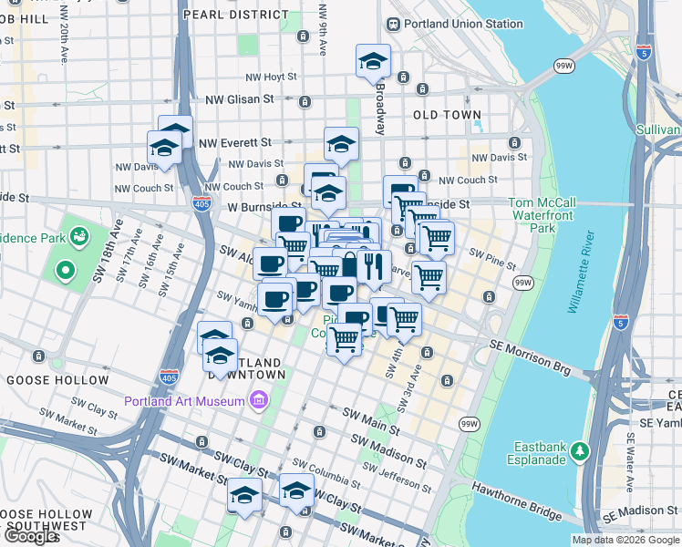 map of restaurants, bars, coffee shops, grocery stores, and more near 720 Southwest Washington Street in Portland