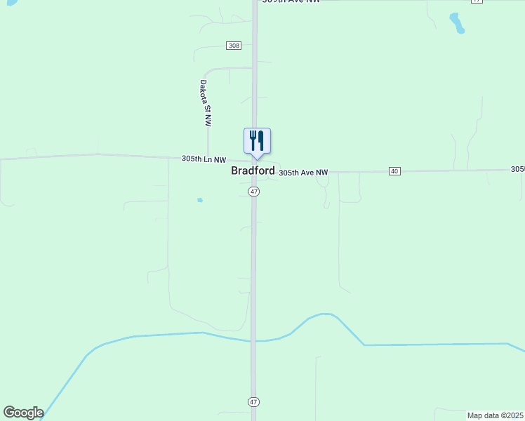 map of restaurants, bars, coffee shops, grocery stores, and more near 30374 State Highway 47 in Isanti