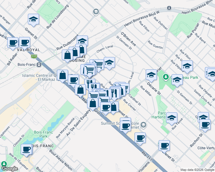 map of restaurants, bars, coffee shops, grocery stores, and more near 1672 Rue de Cambridge in Montréal