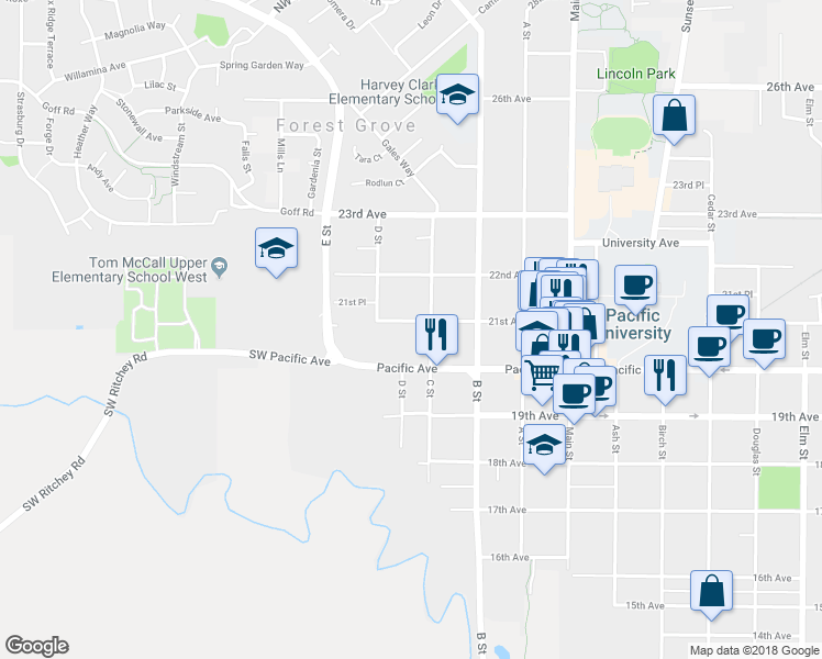 map of restaurants, bars, coffee shops, grocery stores, and more near 1634 21st Avenue in Forest Grove