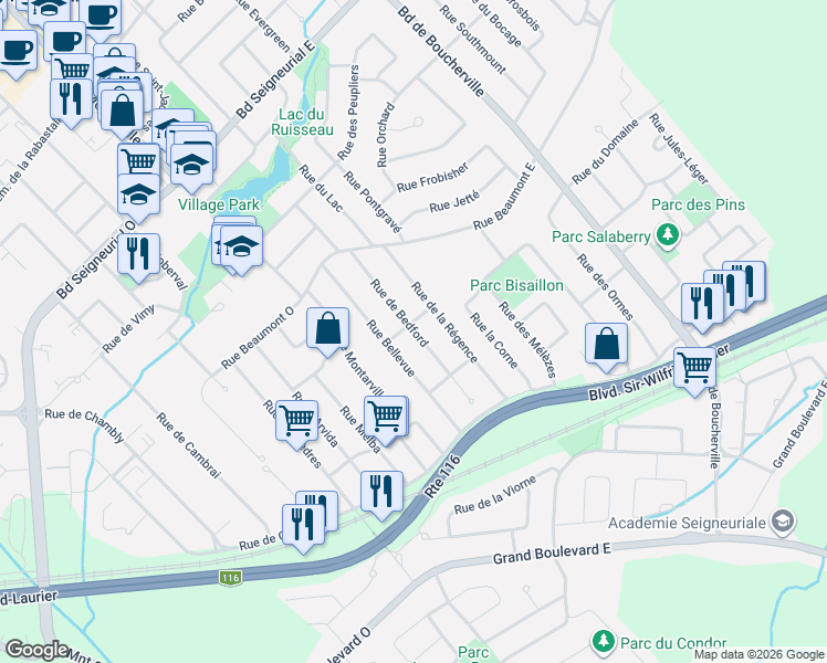 map of restaurants, bars, coffee shops, grocery stores, and more near 2057 Rue de Bedford in Saint-Bruno-de-Montarville