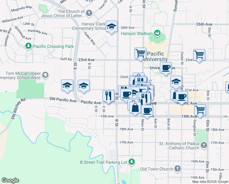 map of restaurants, bars, coffee shops, grocery stores, and more near 2025 B Street in Forest Grove