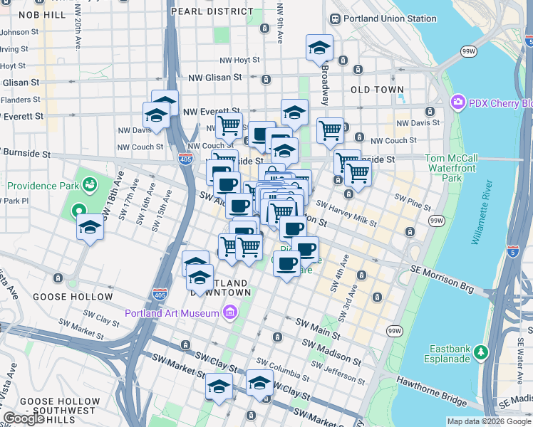 map of restaurants, bars, coffee shops, grocery stores, and more near 550 Southwest 10th Avenue in Portland