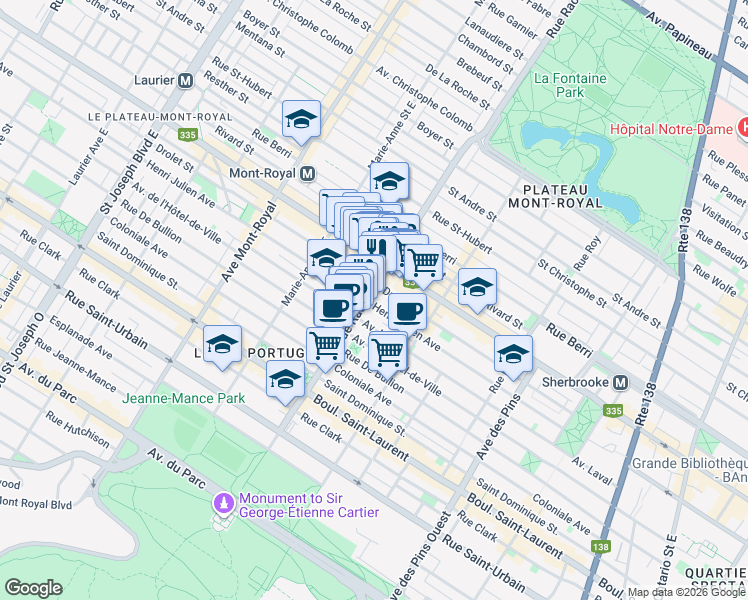 map of restaurants, bars, coffee shops, grocery stores, and more near 310 Rue Rachel Est in Montréal