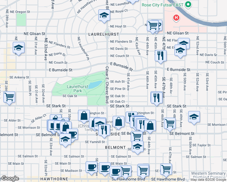 map of restaurants, bars, coffee shops, grocery stores, and more near 3947 Southeast Oak Street in Portland