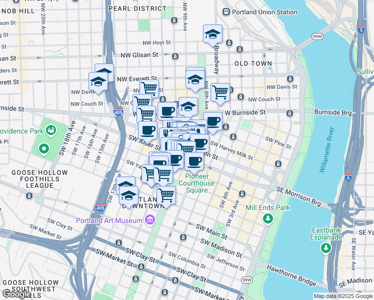 map of restaurants, bars, coffee shops, grocery stores, and more near in Portland