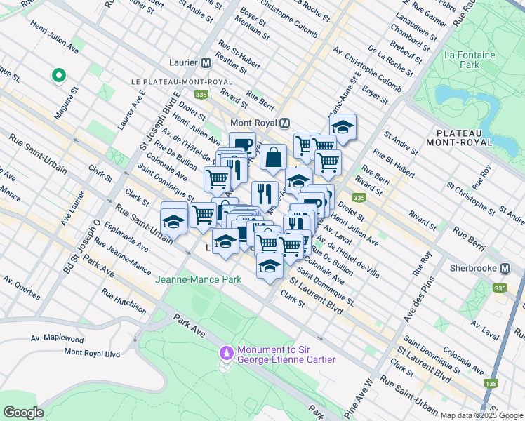 map of restaurants, bars, coffee shops, grocery stores, and more near 4361 Rue De Bullion in Montréal
