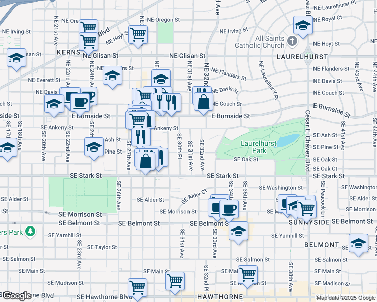 map of restaurants, bars, coffee shops, grocery stores, and more near 3075 Southeast Pine Street in Portland