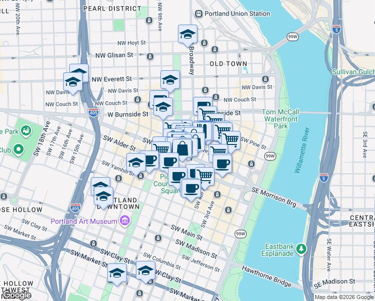map of restaurants, bars, coffee shops, grocery stores, and more near 421 Southwest 6th Avenue in Portland