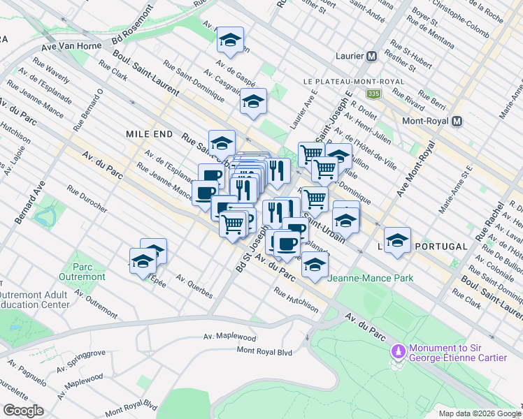 map of restaurants, bars, coffee shops, grocery stores, and more near 5017 Avenue de l'Esplanade in Montréal