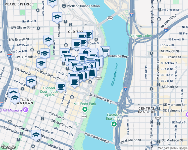 map of restaurants, bars, coffee shops, grocery stores, and more near 71 Southwest Oak Street in Portland