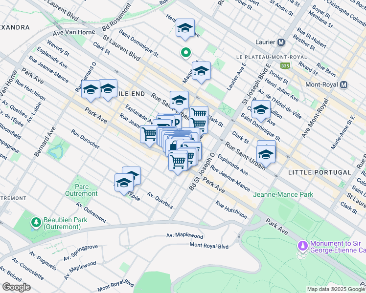 map of restaurants, bars, coffee shops, grocery stores, and more near 5113 Rue Jeanne-Mance in Montréal