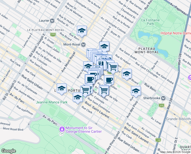 map of restaurants, bars, coffee shops, grocery stores, and more near 267 Rue Rachel Est in Montréal