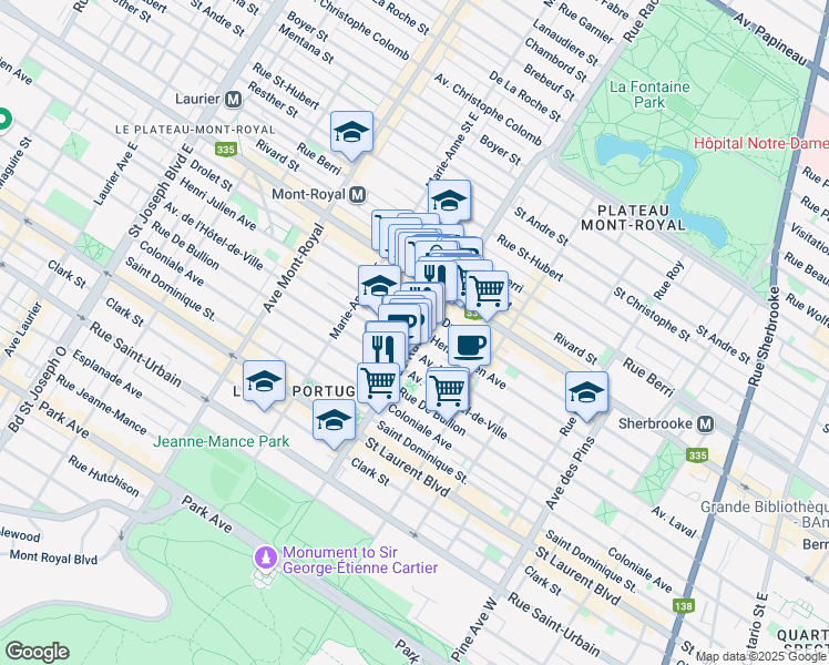 map of restaurants, bars, coffee shops, grocery stores, and more near 267 Rue Rachel Est in Montréal