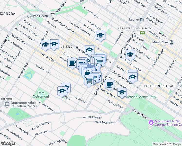 map of restaurants, bars, coffee shops, grocery stores, and more near 5123 Rue Jeanne-Mance in Montréal