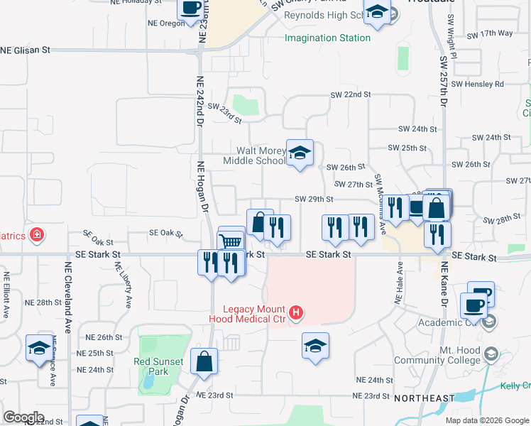 map of restaurants, bars, coffee shops, grocery stores, and more near 2232 Southwest Tower Lane in Troutdale