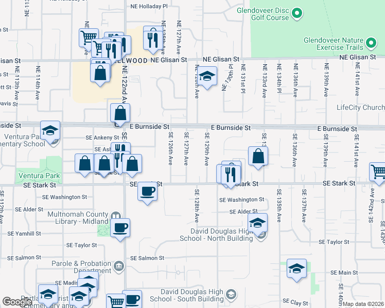 map of restaurants, bars, coffee shops, grocery stores, and more near 218 Southeast 127th Avenue in Portland