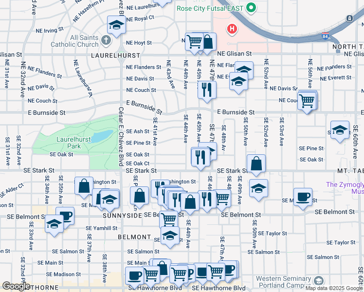 map of restaurants, bars, coffee shops, grocery stores, and more near 4329 Southeast Oak Street in Portland