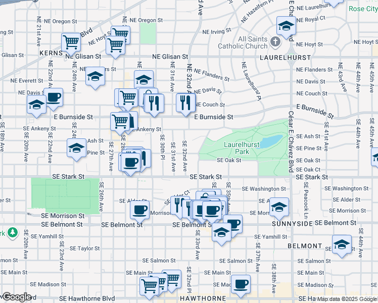 map of restaurants, bars, coffee shops, grocery stores, and more near 319 Southeast 33rd Avenue in Portland