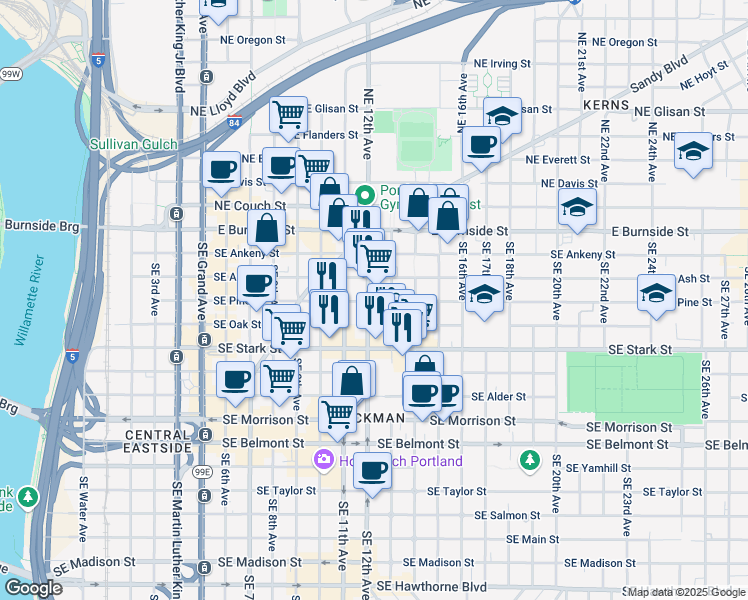 map of restaurants, bars, coffee shops, grocery stores, and more near 310 Southeast 12th Avenue in Portland
