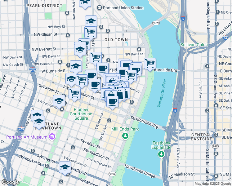 map of restaurants, bars, coffee shops, grocery stores, and more near 427 Southwest 3rd Avenue in Portland
