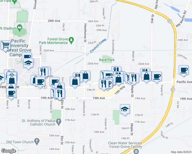 map of restaurants, bars, coffee shops, grocery stores, and more near 2735 20th Place in Forest Grove