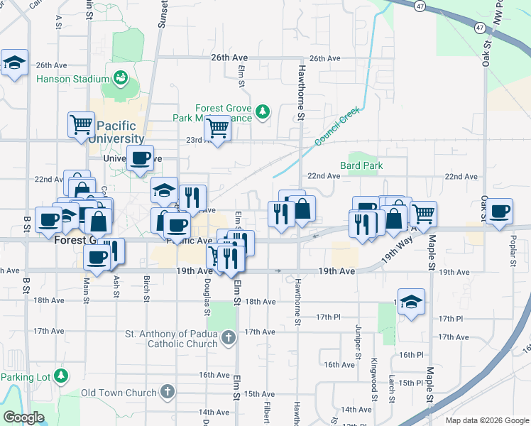 map of restaurants, bars, coffee shops, grocery stores, and more near 2528 21st Avenue in Forest Grove