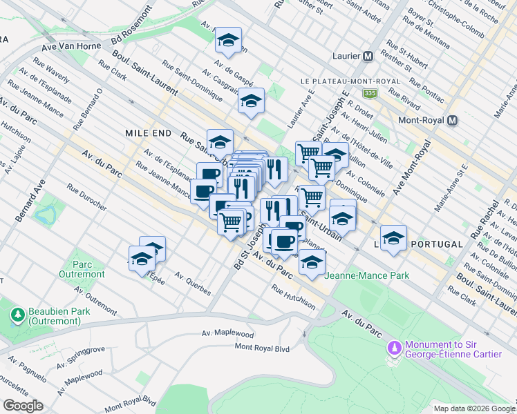 map of restaurants, bars, coffee shops, grocery stores, and more near 5025 Avenue de l'Esplanade in Montréal