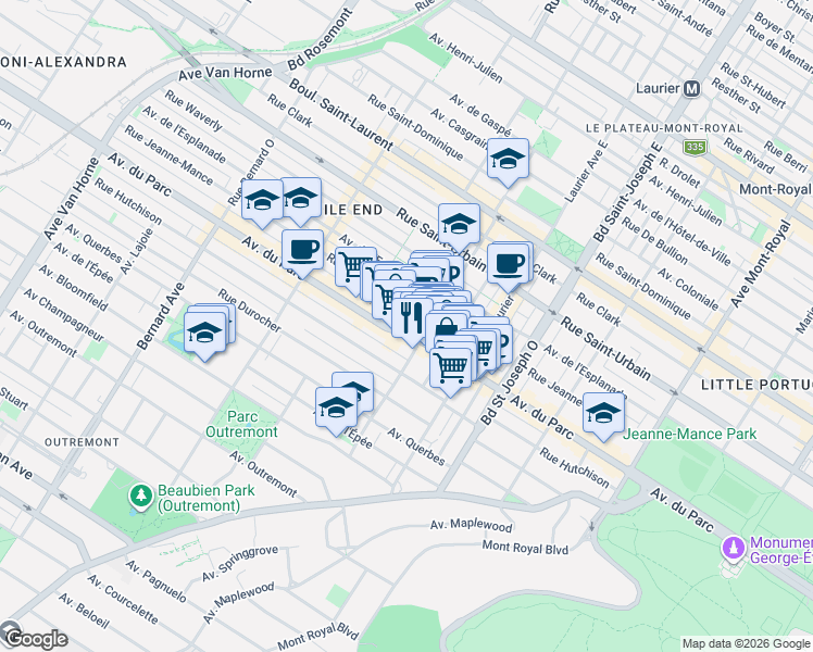 map of restaurants, bars, coffee shops, grocery stores, and more near 5221 Avenue du Parc in Montrã©Al