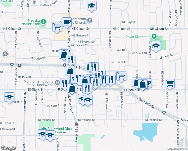 map of restaurants, bars, coffee shops, grocery stores, and more near 18444 East Burnside Street in Portland