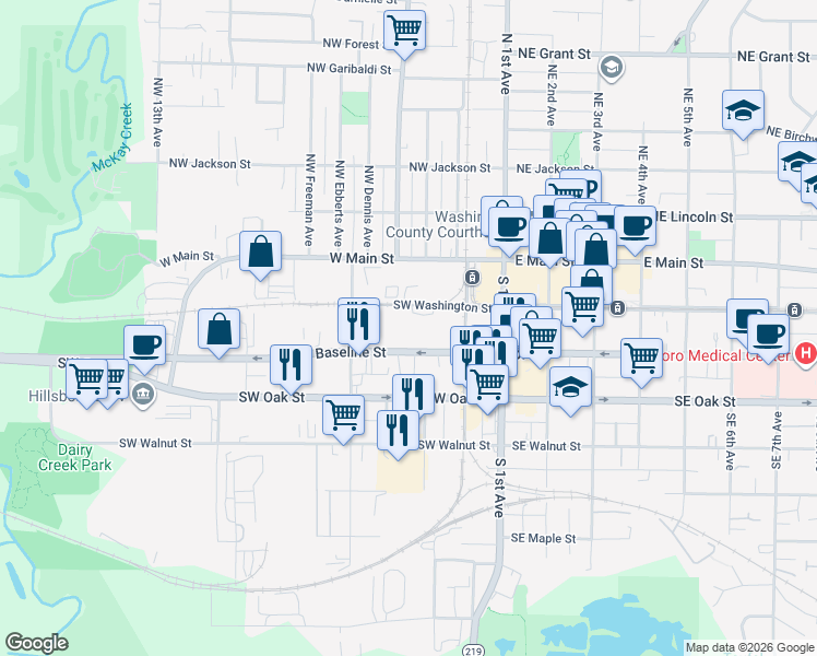 map of restaurants, bars, coffee shops, grocery stores, and more near 215 Southwest Adams Avenue in Hillsboro