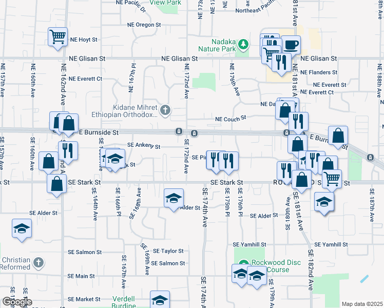 map of restaurants, bars, coffee shops, grocery stores, and more near 17209 Southeast Pine Street in Portland