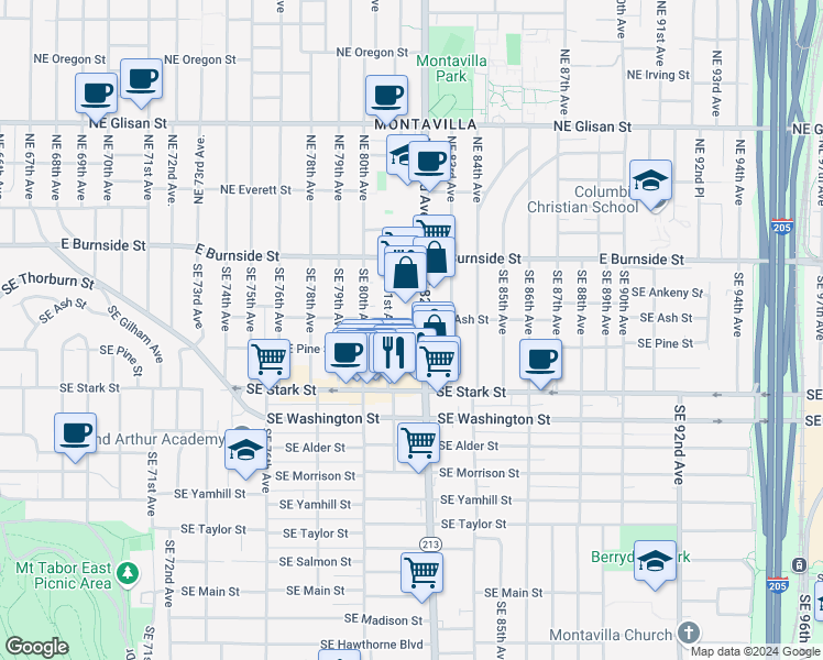 map of restaurants, bars, coffee shops, grocery stores, and more near 247 Southeast 82nd Avenue in Portland