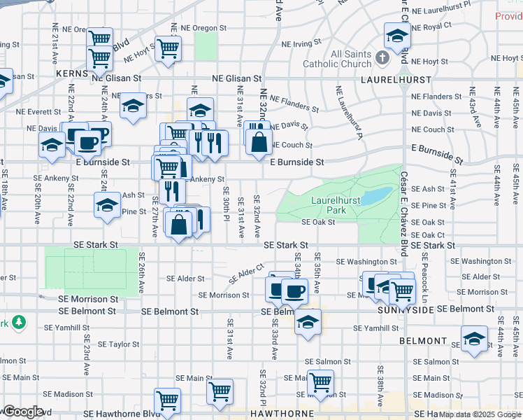 map of restaurants, bars, coffee shops, grocery stores, and more near 236 Southeast 32nd Avenue in Portland