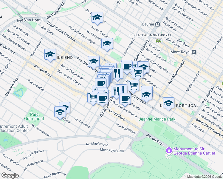map of restaurants, bars, coffee shops, grocery stores, and more near 5017 Avenue de l'Esplanade in Montréal