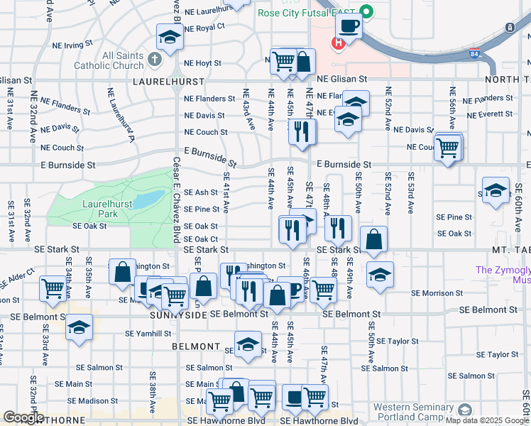 map of restaurants, bars, coffee shops, grocery stores, and more near 4329 Southeast Oak Street in Portland
