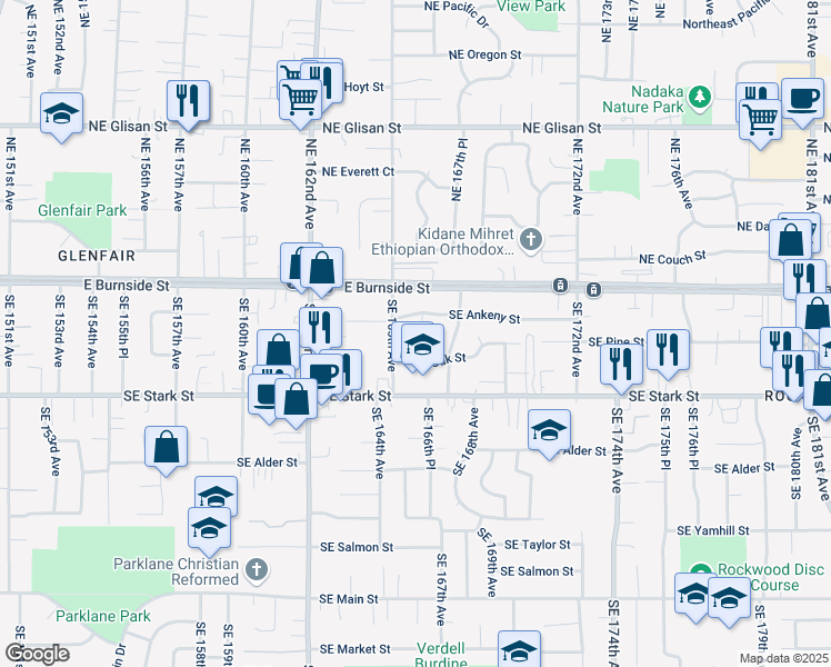 map of restaurants, bars, coffee shops, grocery stores, and more near 238 Southeast 165th Avenue in Portland