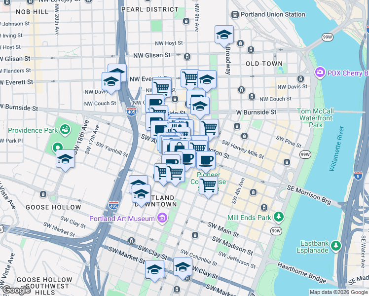 map of restaurants, bars, coffee shops, grocery stores, and more near 550 Southwest 10th Avenue in Portland